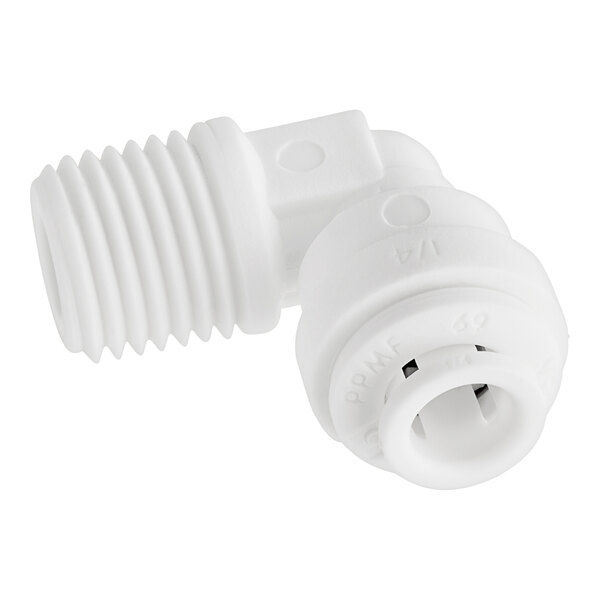 A close-up of a John Guest white polypropylene pipe fitting with a screw.