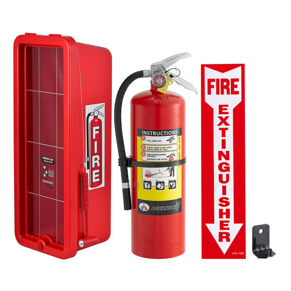 A Cato Chief red plastic cabinet holding a Badger Advantage 10 lb. fire extinguisher with adhesive label.