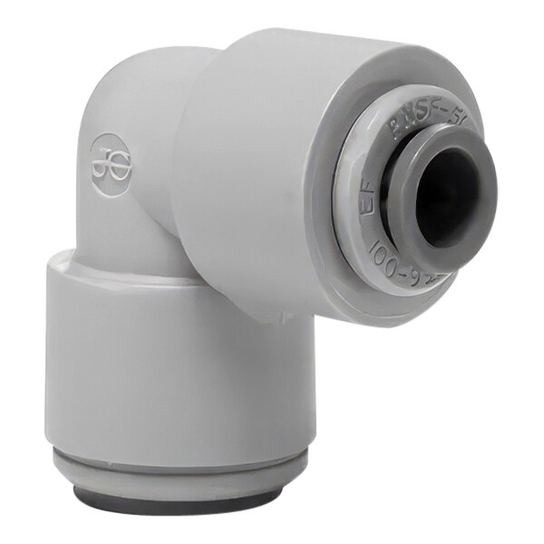 A John Guest grey acetal plastic pipe elbow with white nozzles.