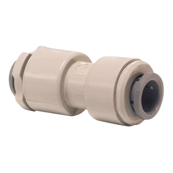 A white plastic John Guest pipe fitting with grey connectors.