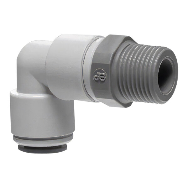 A John Guest grey plastic pipe fitting with a swivel elbow on a white pipe.