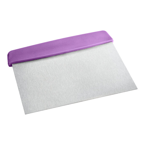 A stainless steel dough cutter with a purple plastic handle.