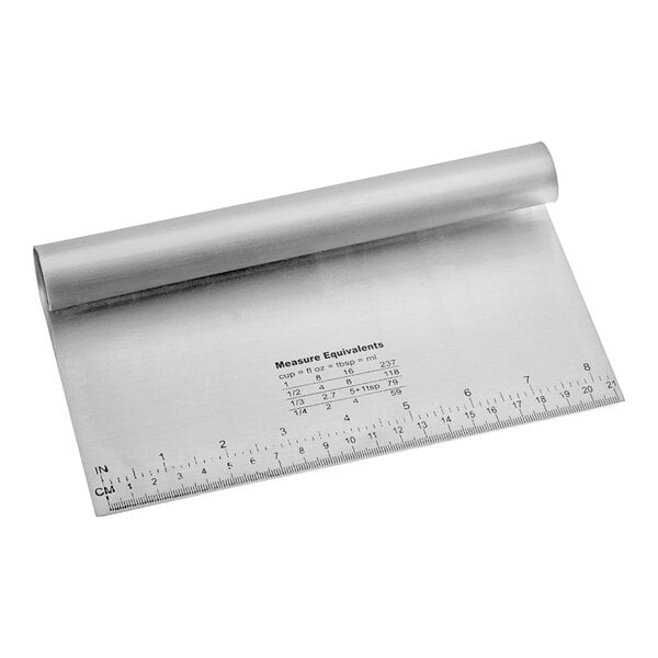 A stainless steel dough cutter with measurements on a white background.