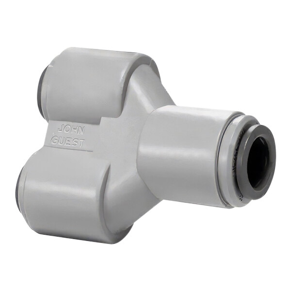 A grey plastic John Guest pipe fitting with two nozzles.