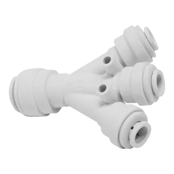 Two John Guest white plastic pipe connectors and a white reducing three-way divider.