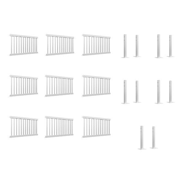A white traditional fence with 9 panels and 10 post connectors.