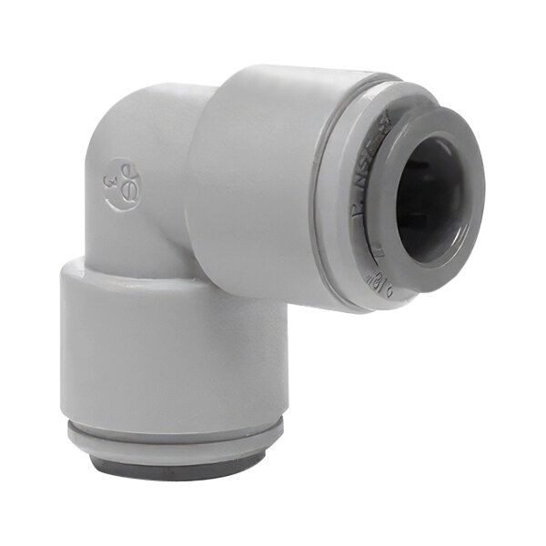 A grey plastic John Guest pipe fitting with a white background.