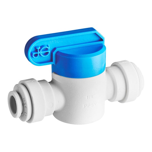 A white and blue John Guest polypropylene shut-off valve with a blue handle.