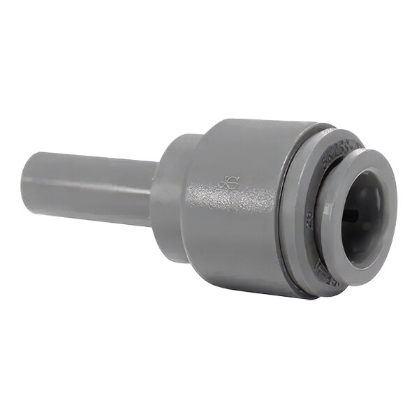 A grey plastic pipe fitting with a white background.