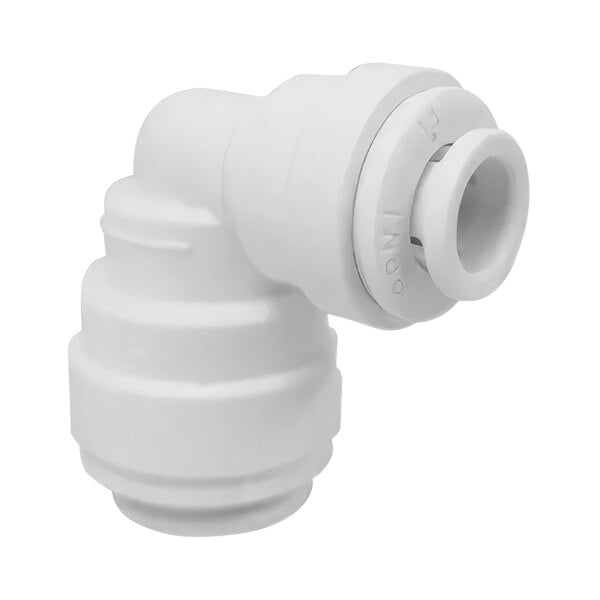 A close-up of a white John Guest polypropylene reducing elbow.