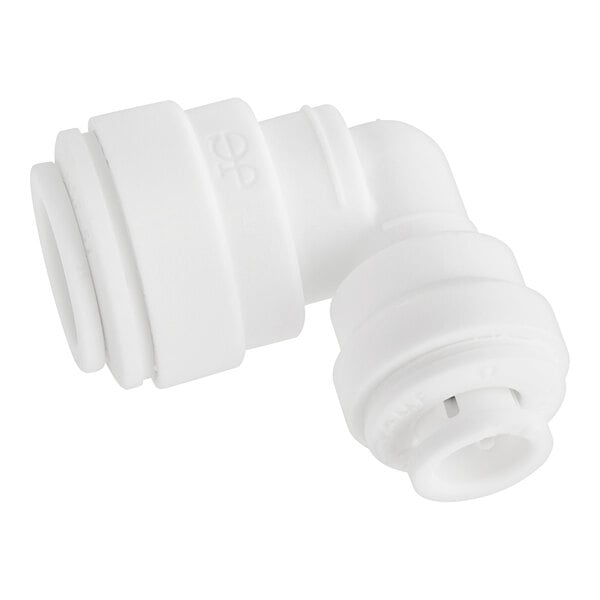 A close-up of a John Guest white polypropylene pipe fitting.