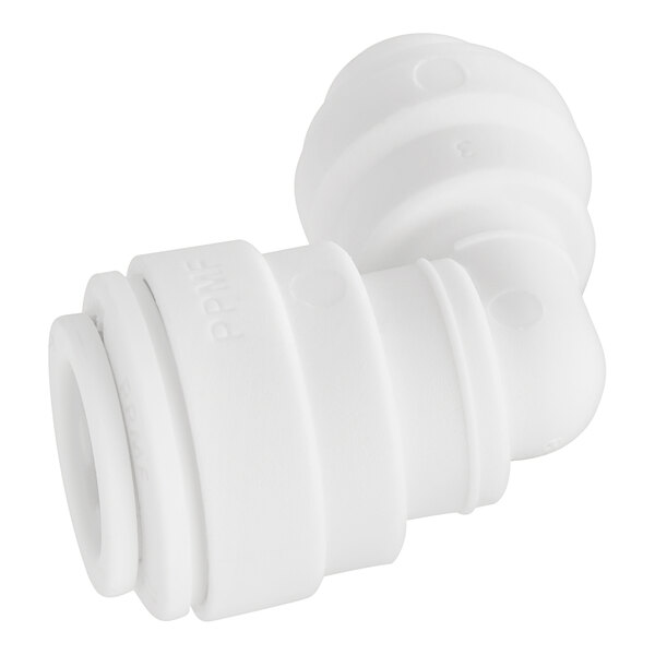 A close-up of a John Guest white polypropylene pipe fitting with a white cap.