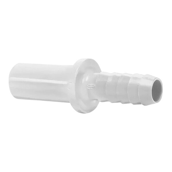 A close up of a John Guest white polypropylene tube-to-hose stem adapter with a straight end.