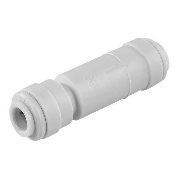 A close-up of a John Guest white plastic pipe fitting with a white cap.