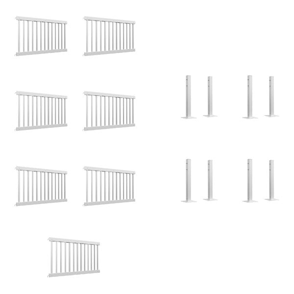 A white Mod-Traditional fence with railing panels and post connectors.