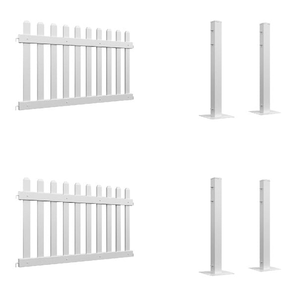 A white Mod-Picket fence with two fence panels and post connectors.