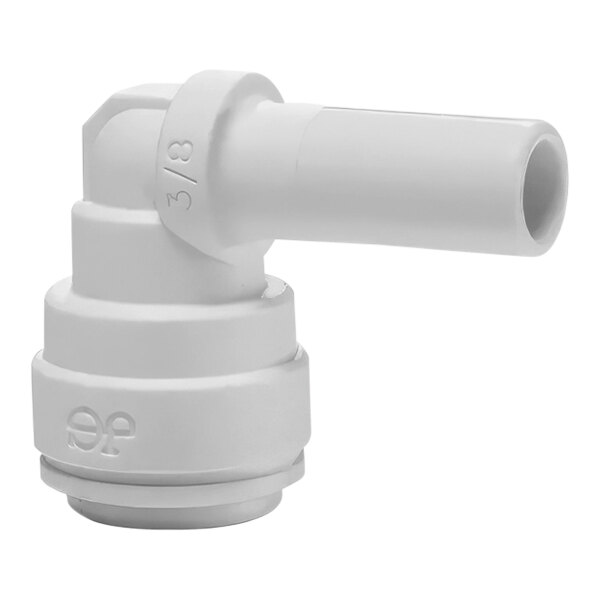 A John Guest white polypropylene stem elbow for white plastic tubes.