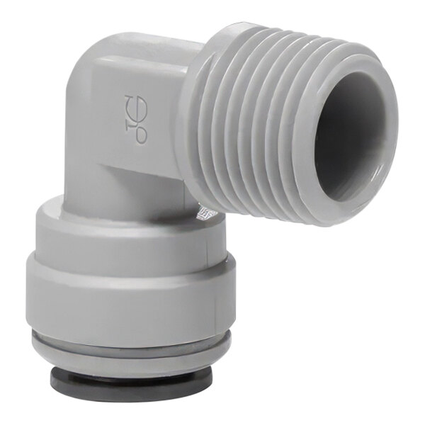 A grey plastic John Guest pipe fitting with white ends.