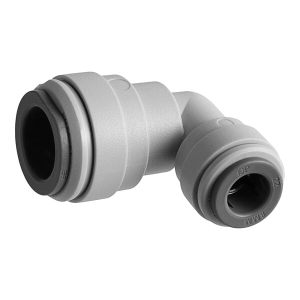 A grey plastic John Guest pipe fitting with black connectors.