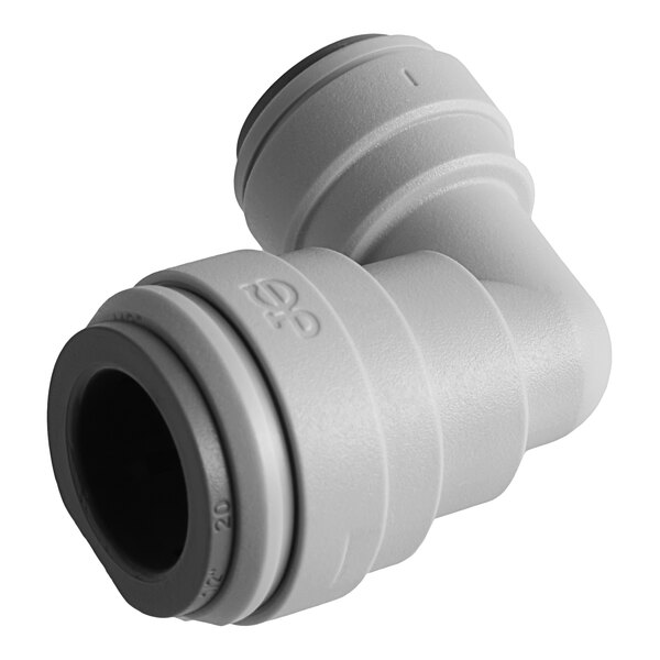 A grey and white John Guest plastic pipe fitting with a black connector.