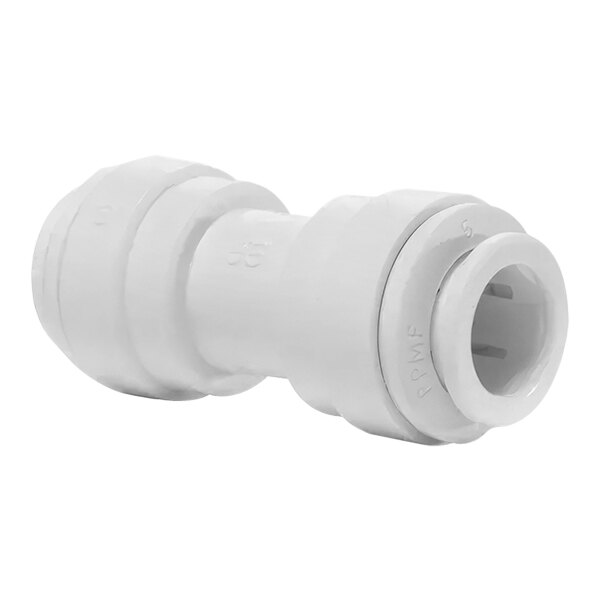 A white plastic John Guest polypropylene pipe fitting.