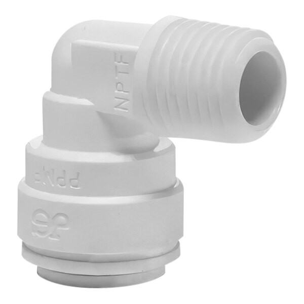 A white plastic John Guest fixed elbow pipe fitting.