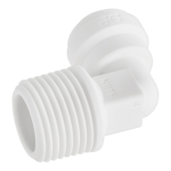 A close-up of a white John Guest fixed elbow pipe fitting.
