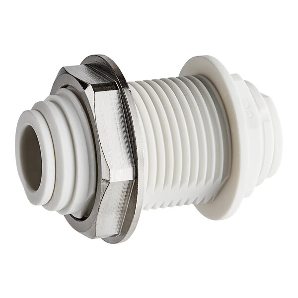A John Guest white polypropylene bulkhead connector for a white plastic pipe.