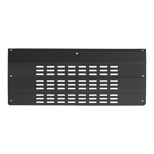 A black metal Avantco front grille panel with holes.