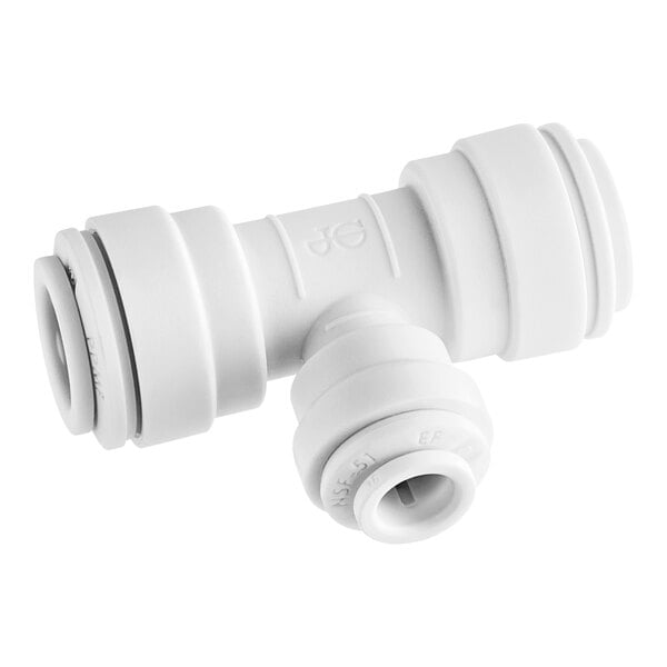 A close-up of a John Guest white polypropylene pipe fitting with nozzles.