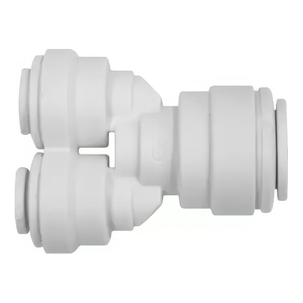 Two white John Guest polypropylene pipe fittings with black accents.