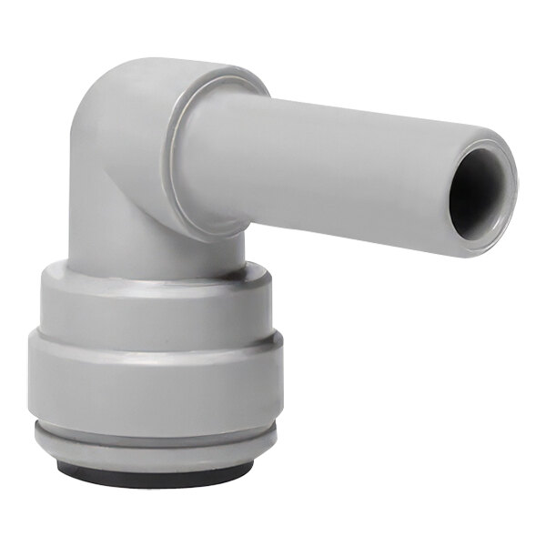 A grey plastic John Guest pipe elbow with white ends.