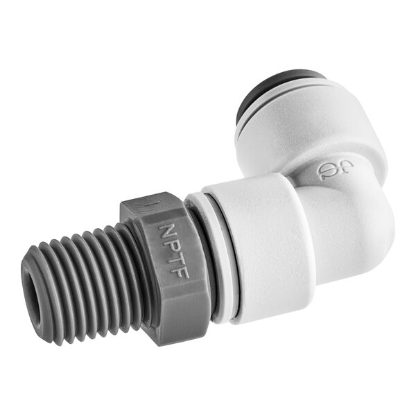 A John Guest grey and white plastic pipe fitting with a black nut.