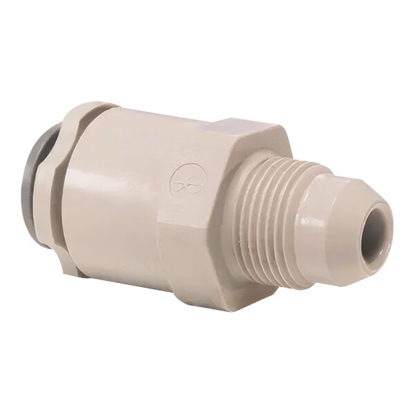 A white John Guest acetal push-to-connect male connector with threads.