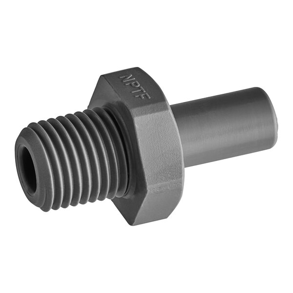 A John Guest grey plastic pipe fitting with a threaded nut.