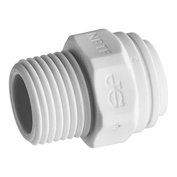 A close-up of a John Guest white polypropylene male connector.