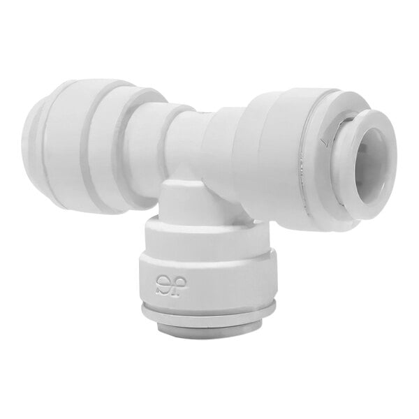 A close-up of a John Guest white plastic pipe fitting with a couple of holes.