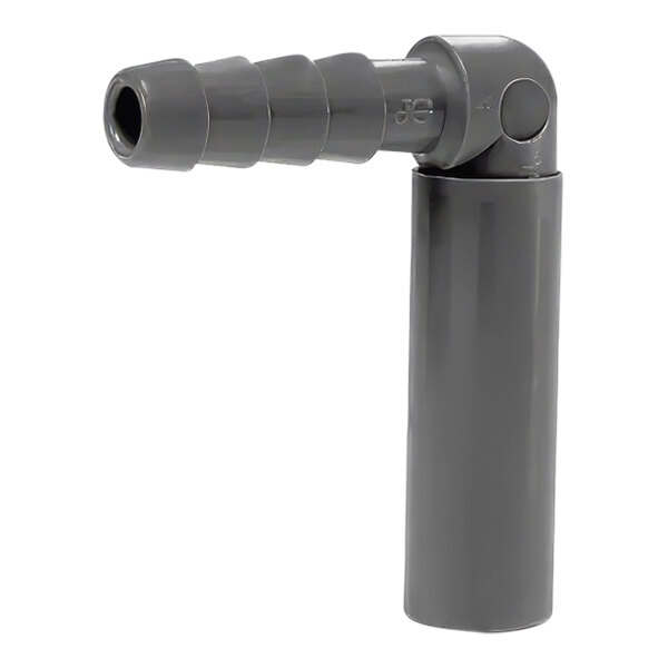 A close-up of a John Guest grey plastic tube-to-hose stem elbow.