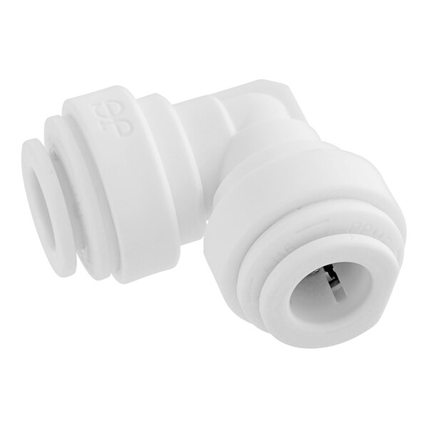 A white plastic John Guest push-to-connect elbow fitting.