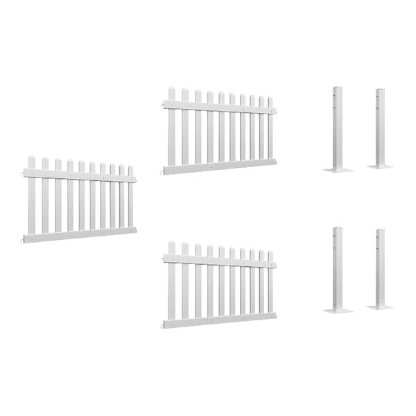 A white picket fence with three panels and four post connectors.