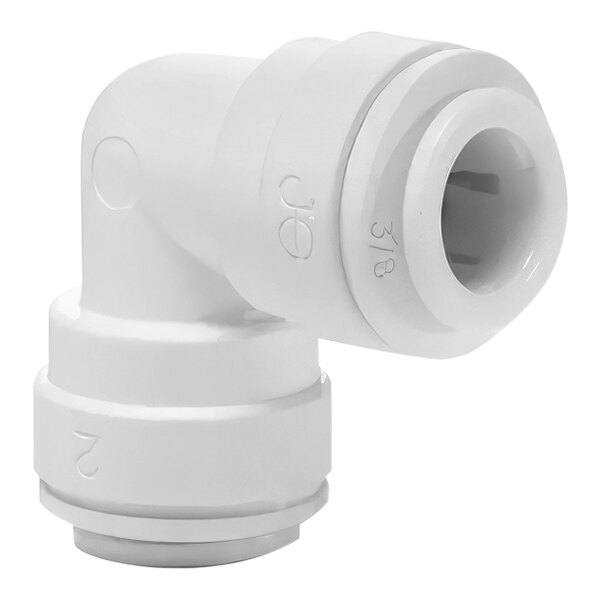 A close-up of a John Guest white plastic pipe elbow.