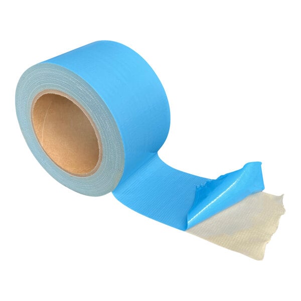 A roll of blue FloorEXP double-sided carpet tape with a blue plastic wrapper.