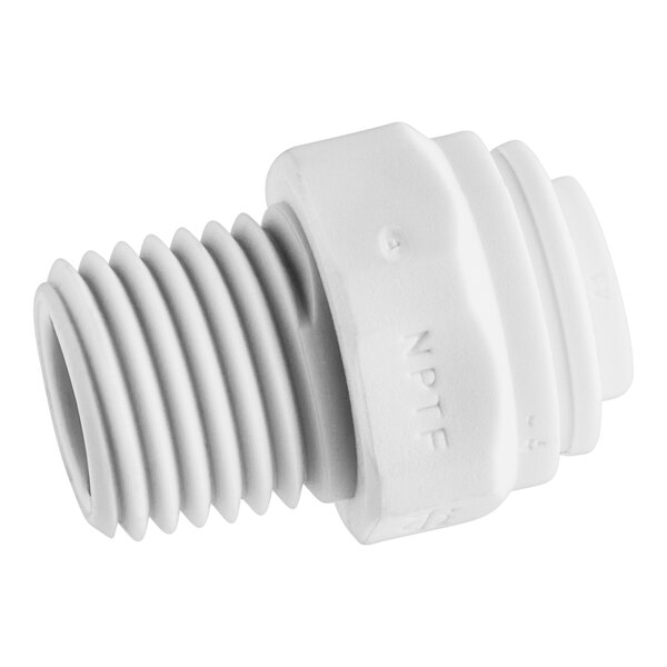 A white plastic John Guest pipe fitting with threads.