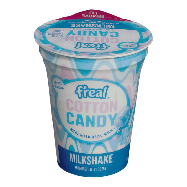 A close up of a container of f'real Cotton Candy Milkshake mix.