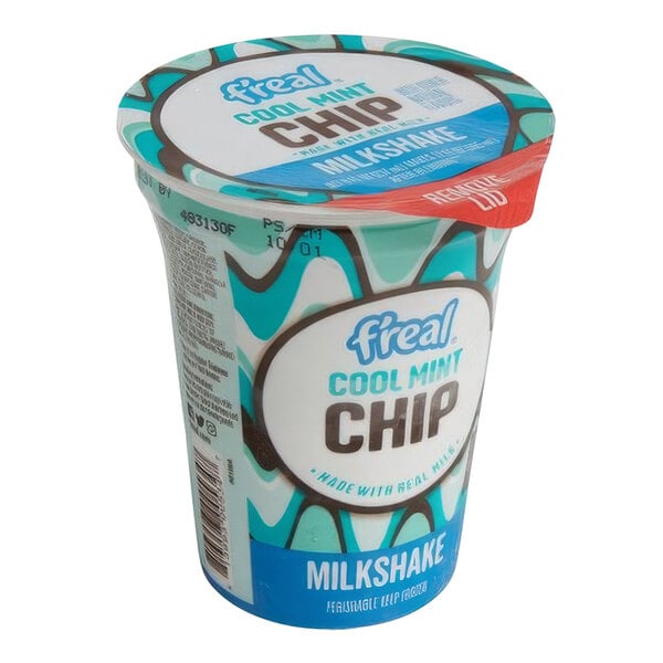 A close up of a f'real Cool Mint Chip Milkshake container.