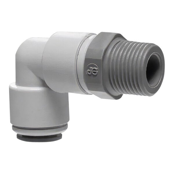 A John Guest grey acetal pipe fitting with a white pipe and black tube attached.