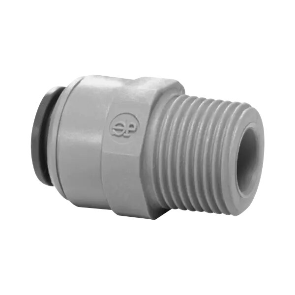 A close-up of a grey John Guest threaded pipe fitting.