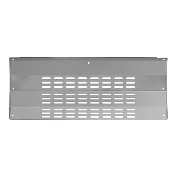 A close-up of a stainless steel front grille panel with holes.