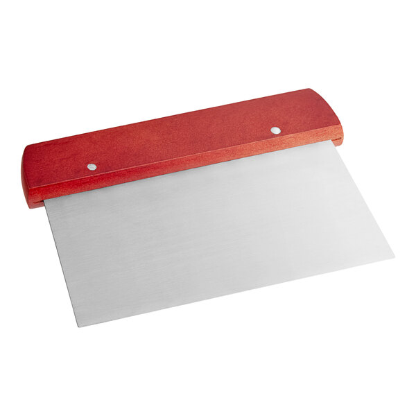 A silver rectangular dough cutter with a dark wood handle.