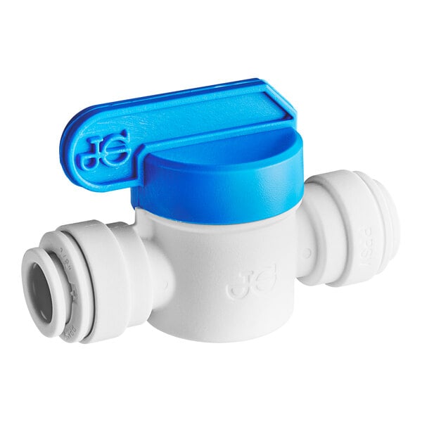 A white and blue John Guest polypropylene shut-off valve with a blue handle.